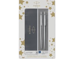 Parker Jotter duo geschenkset balpen en vulpotlood (0.5mm) - blauwe inkt - roestvrij staal met chromen afwerking