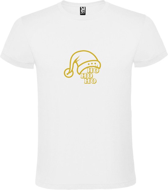Wit T-Shirt met “ Kerst Muts / Ho Ho Ho “ Afbeelding Goud Size XS
