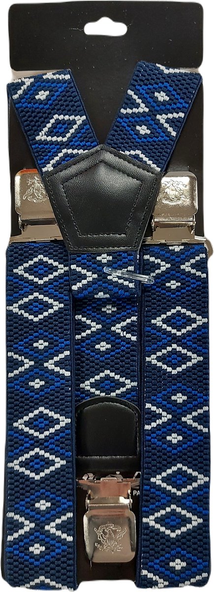 Bretels | Kleur: Blauw - Wit - Navy Cirkel | Bretels Heren Volwassenen | Stevige Clips | Sterke Clips | Brede Clips | One Size Fits All