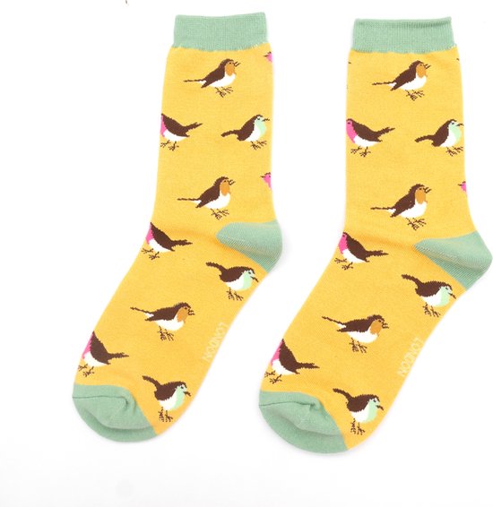Miss Sparrow Bamboe sokken dames roodborstjes - yellow - vogels - vogeltjes