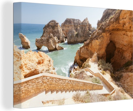 Canvas Schilderij Rotsachtige kliffen aan de zee bij Algarve - 30x20 cm - Wanddecoratie