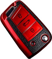 TPU Sleutelcover - Sleutelhoesje Geschikt voor Volkswagen Golf / Tiguan - Seat Leon / Ateca / Ibiza - Skoda Kodiaq / Octavia / Karoq - Metallic Rood en Zwart Leer - Flexibele Sleutel Cover - Zacht Hoesje - Auto Accessoires