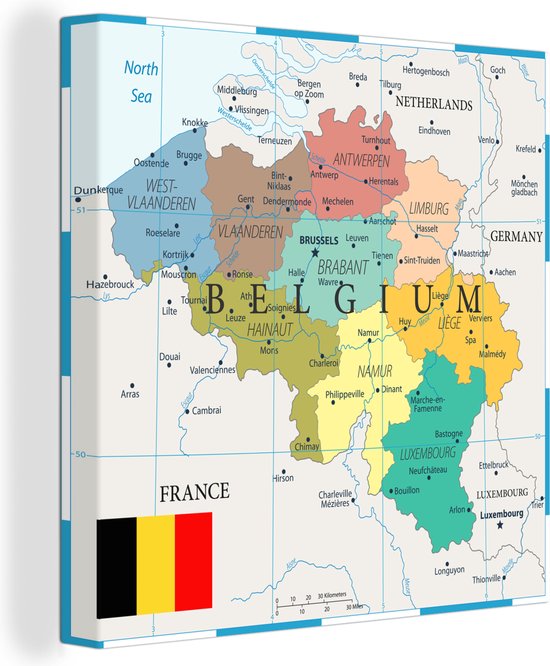 Une illustration colorée d'une carte de België 90x90 cm - Tirage photo sur toile (Décoration murale salon / chambre)