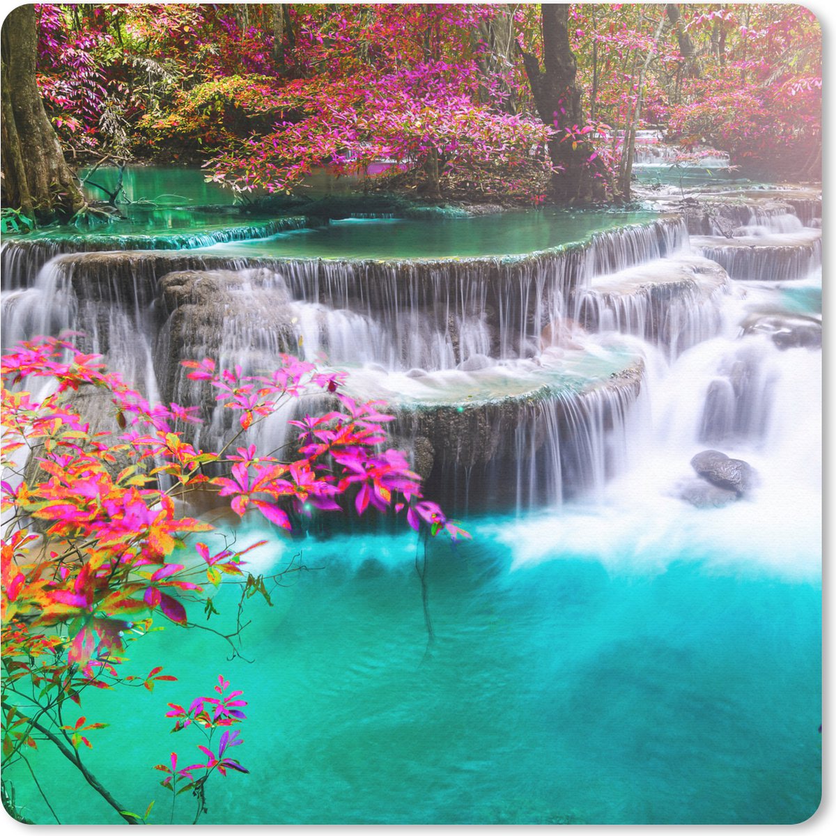 Muismat 30x30 cm - Mousepad Waterval - Zon - Bomen - Regenboog - Natuur - Muismatten