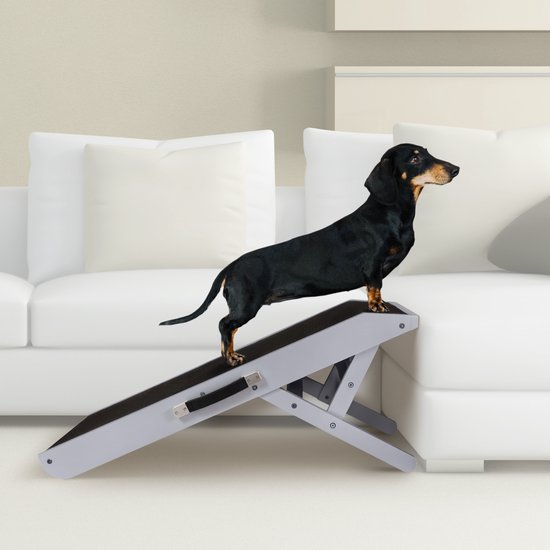 Hondenloopplank- Hondentrap voor grote en kleine honden PriorPet - Instelbaar 18 tot 53 cm - Voor Bed en Bank - Berkenhout - Landingsplatform sluit naadloos aan - Loopplank Hond Opvouwbaar - Kustgrijs