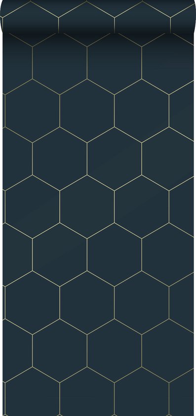 ESTAhome behang hexagon donkerblauw en goud - 139237 - 0,53 x 10,05 m