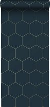 ESTAhome behang hexagon donkerblauw en goud - 139237 - 0,53 x 10,05 m