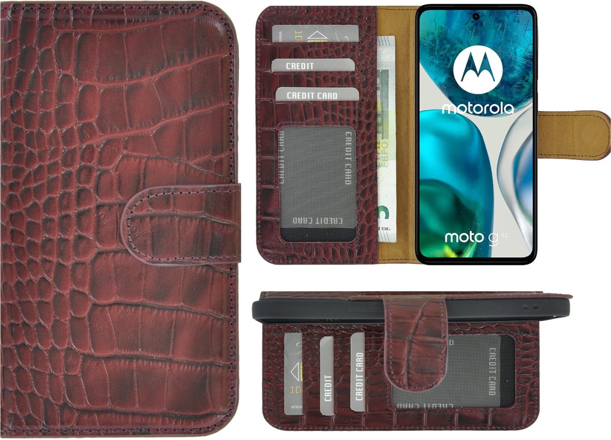 MoDo hoesje Geschikt voor Motorola Moto G52 - Leer Book Case - Croco Bordeauxrood