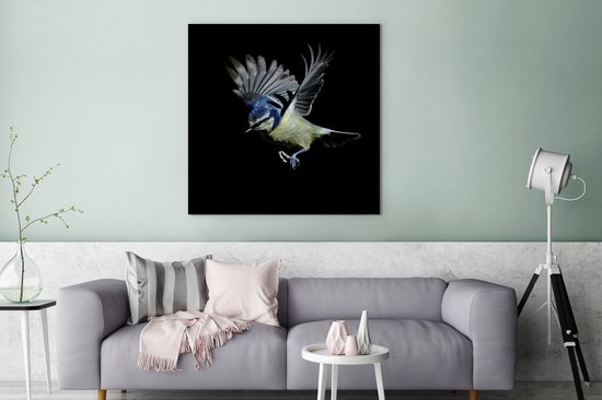 Canvas schilderij 90x90 cm - Wanddecoratie Pimpelmees - Vogel - Zwart - Muurdecoratie woonkamer - Slaapkamer decoratie - Kamer accessoires - Schilderijen op canvas