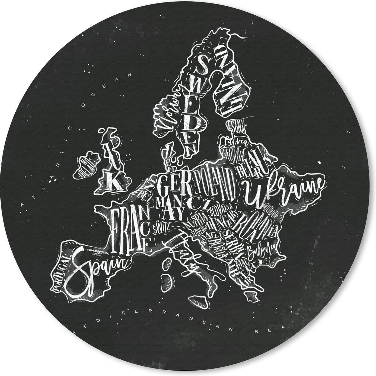 Muismat rond 20x20 cm - Mousepad Kaart - Europa - Zwart - Wit - Ronde muismatten
