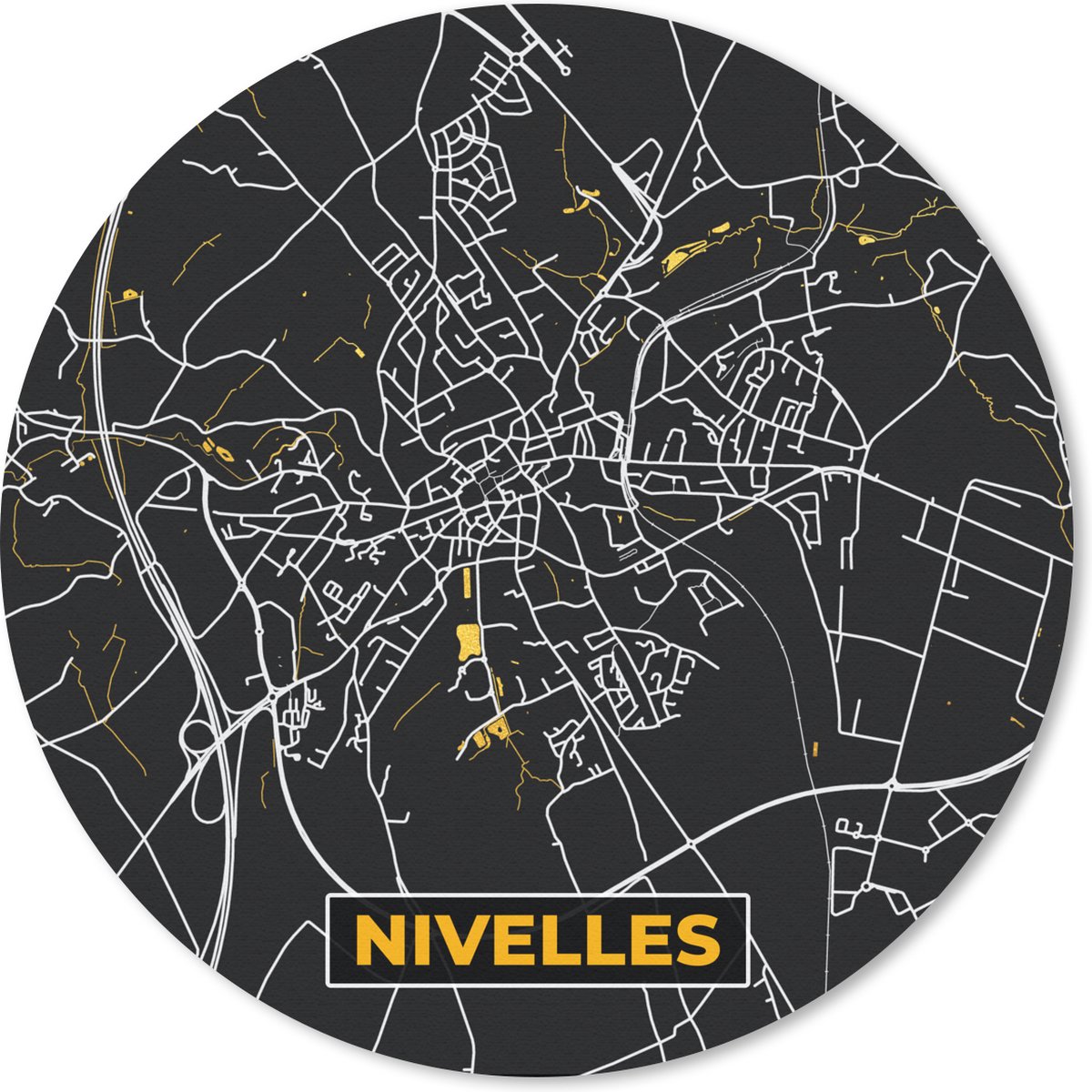 Muismat - Mousepad - Rond - Nivelles - Plattegrond - Kaart - Goud - Stadskaart - 50x50 cm - Ronde muismat
