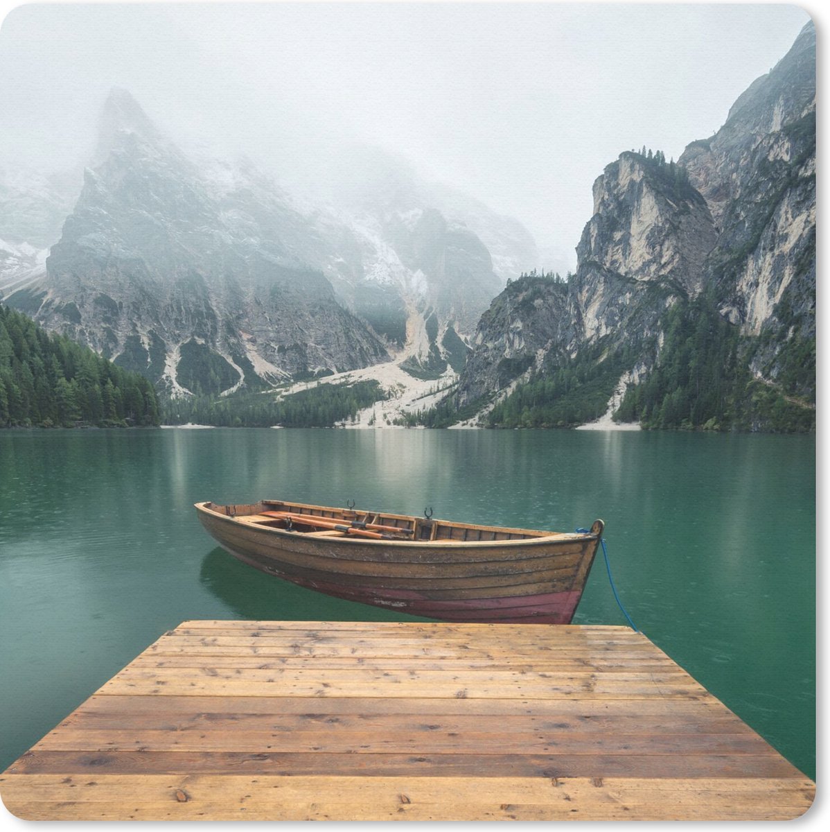 Muismat 20x20 cm - Mousepad Mist - Sneeuw - Berg - Boot - Muismatten
