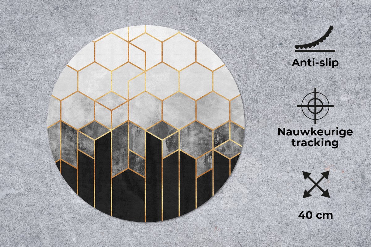 Muismat rond 40x40 cm - Mousepad Goud - Hexagon - Chic - Patronen - Luxe - Ronde muismatten
