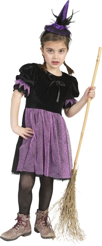 Funny Fashion - Heks & Spider Lady & Voodoo & Duistere Religie Kostuum - Zwart-Paarse Heks Nina - Meisje - Paars - Maat 104 - Halloween - Verkleedkleding