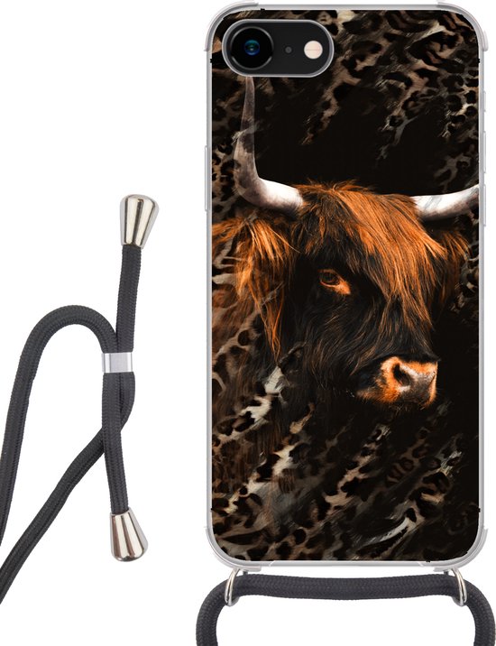 Coque avec cordon iPhone SE 2020 - Highlander écossais - Imprimé panthère - Zwart - Siliconen - Bandoulière - Coque arrière avec cordon - Coque pour téléphone avec cordon - Coque avec corde