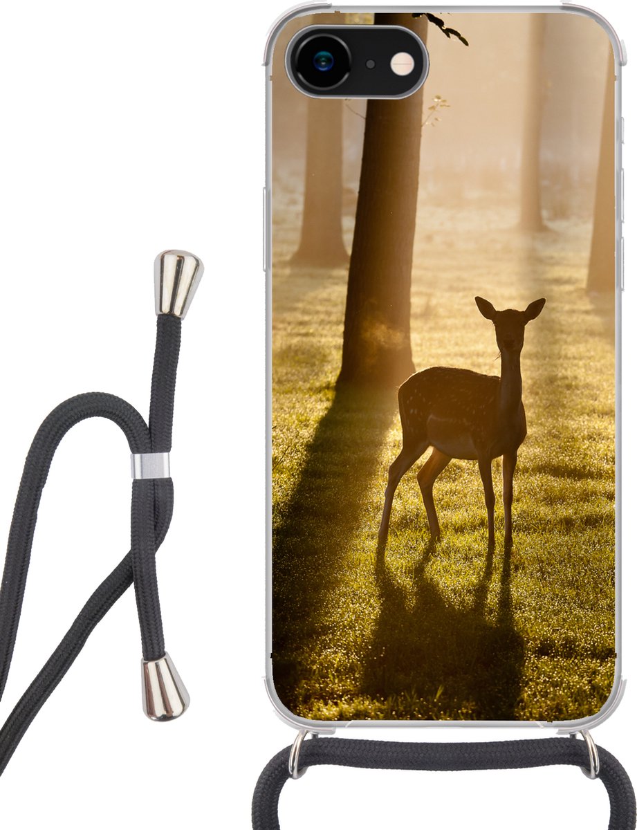 Telefoonhoesje Geschikt voor iPhone SE 2020 - Hert - Zon - Bomen - Siliconen - Crossbody - Backcover met Koord - Telefoonhoesje met koord - Hoesje met touw Telefoonhoesje
