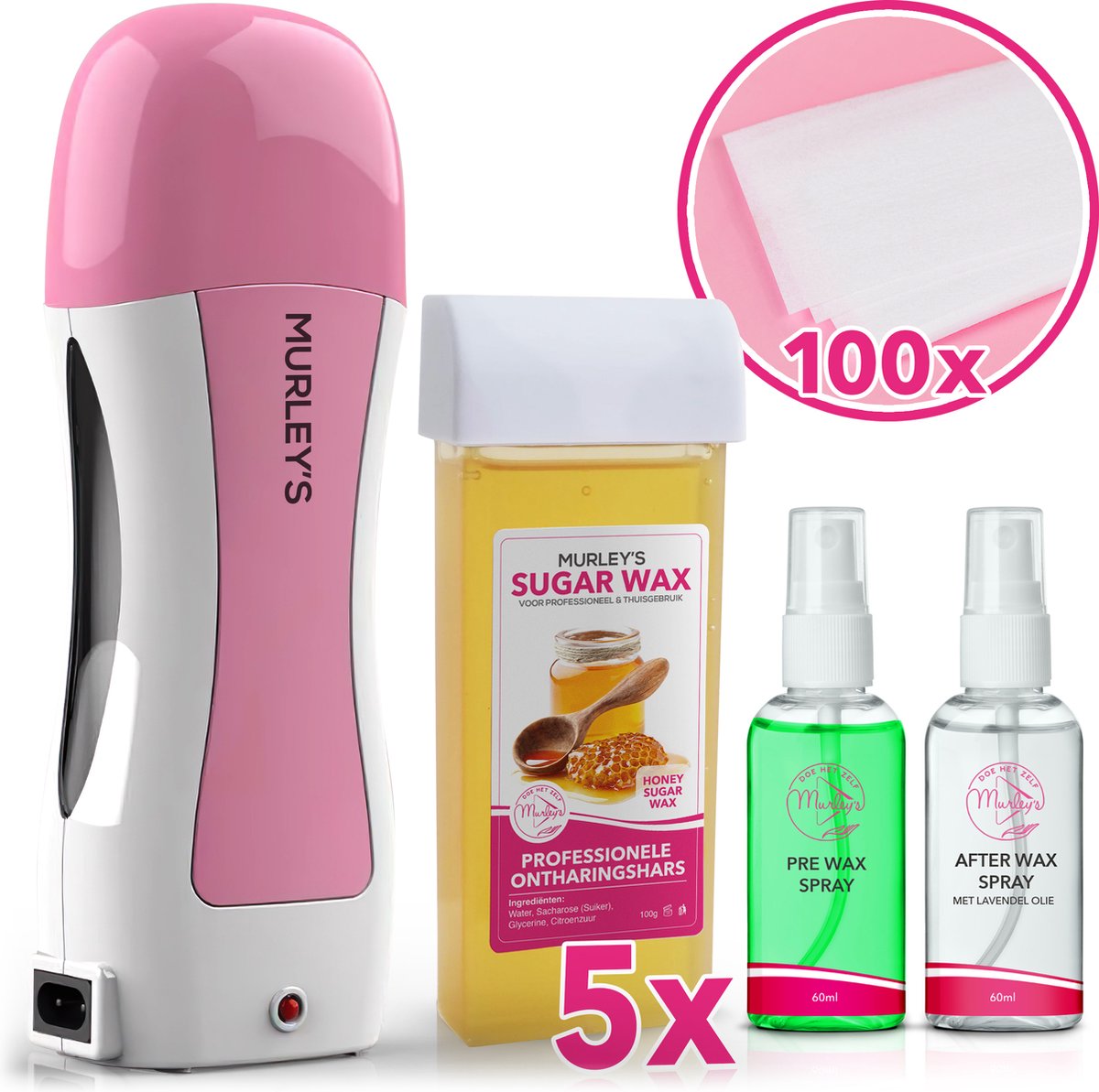 MURLEY'S Wax Apparaat Roll-On Honing Wax Ontharing Set met 5x Cartridges Before en After Sprays 100 Strips- Voor Lichaam en Gezicht - Zwart