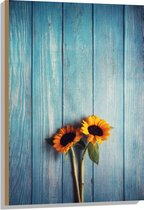 WallClassics - Hout - Zonnebloemen met Blauwe Schutting - 60x90 cm - 12 mm dik - Foto op Hout (Met Ophangsysteem)