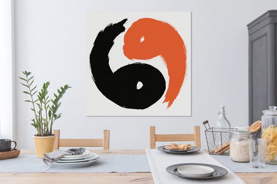 Une illustration du logo Yin et Yang en toile de couleur noir et orange 90x90 cm - Tirage photo sur toile (Décoration murale salon / chambre)