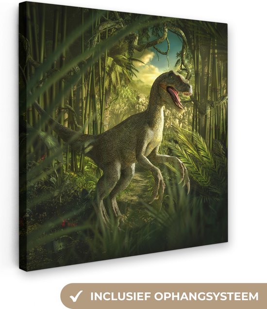 Canvas Schilderij Dinosaurus - Planten - Groen - Illustratie - Kinderen - Jongens - Wanddecoratie