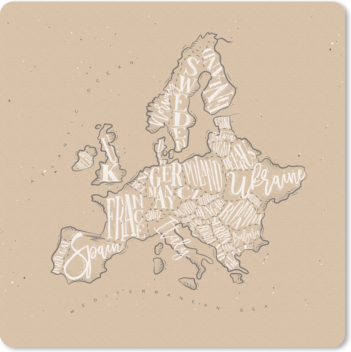 Muismat 30x30 cm - Mousepad Kaart - Europa - Wit - Bruin - Muismatten