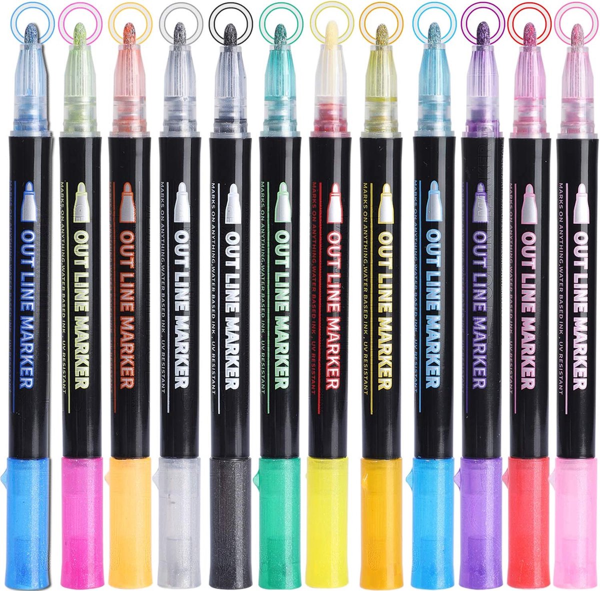 BOTC Metallic Brush Pennen set 12 kleuren Acrylic Paint Markers Dual Tip Penseelstiften voor knutselen