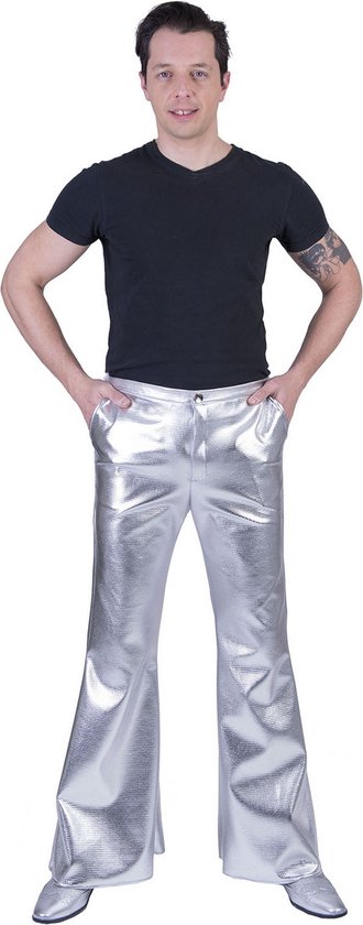 Funny Fashion - Glitter & Glamour Kostuum - Glanzend Zilveren Disco Godheid Broek Man - Zilver - Maat 48-50 - Carnavalskleding - Verkleedkleding