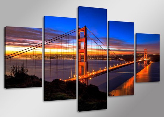 Schilderij Golden Gate Bridge 160 x 80 cm - 5-luik -Inclusief Ophanghaakjes