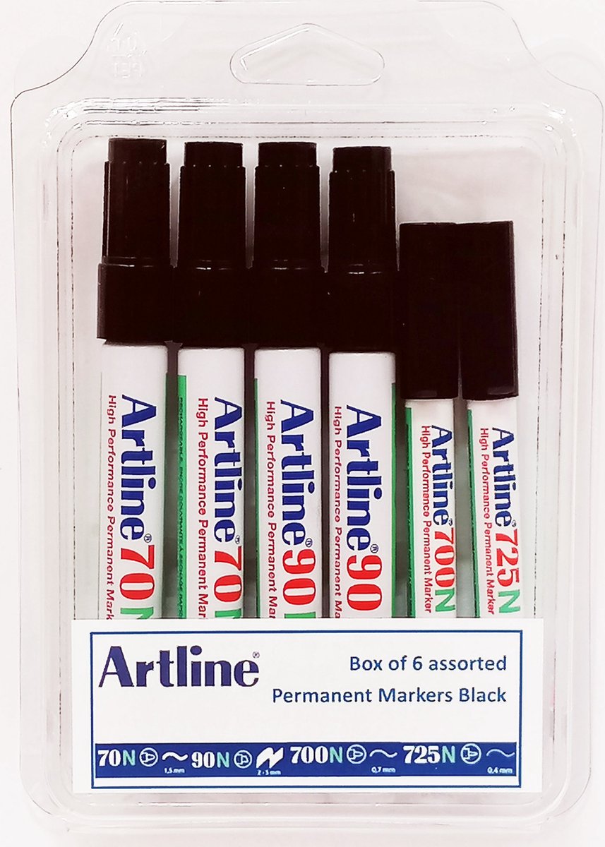 Box van 6 permanent markers Artline NEAT zwart. Assortiment met verschillende lijndiktes.