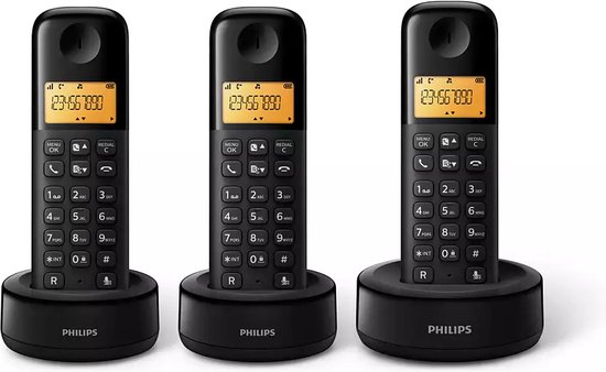 Philips D1603B/01- Draadloze DECT-Telefoon met 3 Handsets - Huistelefoon met Groot Display (4,1 cm) en Nummerherkenning - Zwart