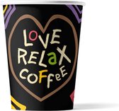 Kartonnen Koffiebeker 8oz 240ml "LOVE, RELAX, COFFEE" - 50 Stuks - wegwerp papieren bekers karton - drinkbekers - milieuvriendelijk