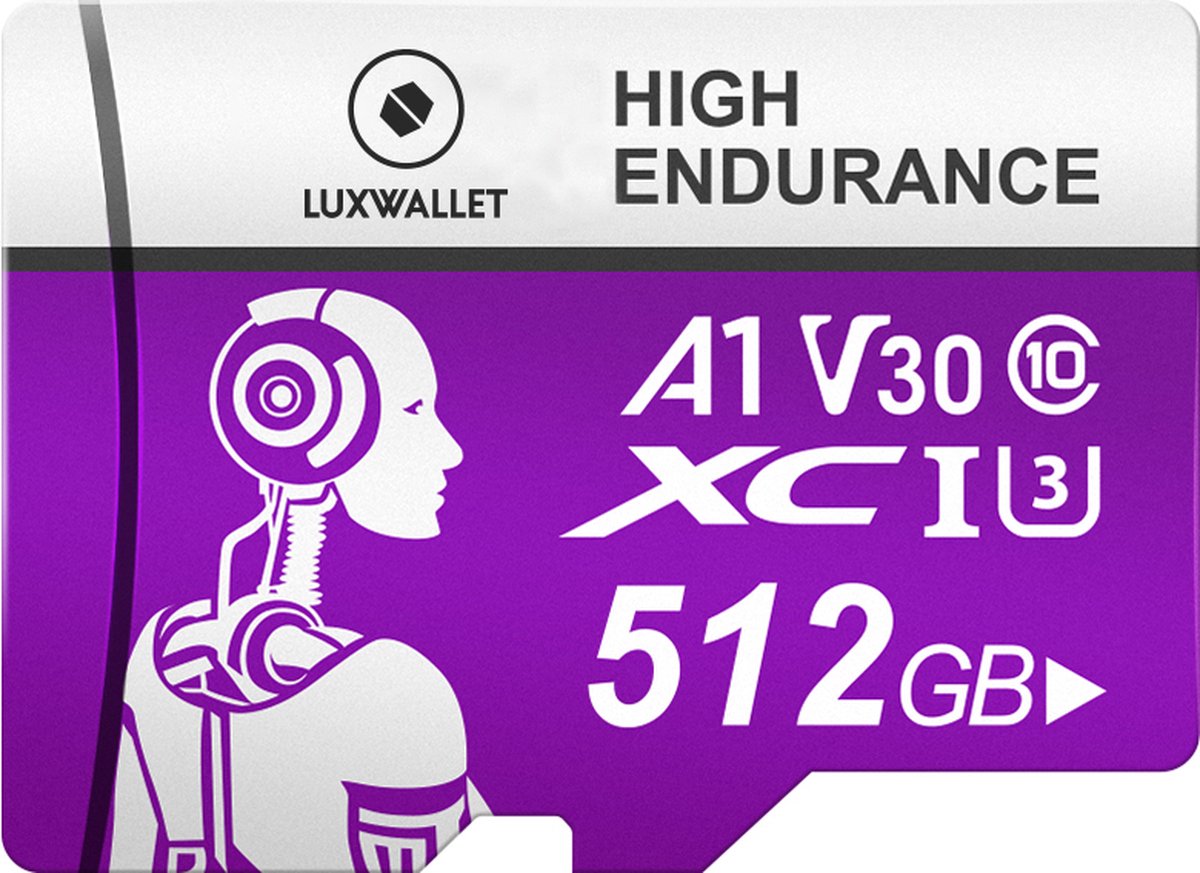 LUXWALLET® XC U3 - 512 GB Micro SD Kaart - TF Klasse 10 - High Endurance - Snelle Gegevensoverdracht - Paars