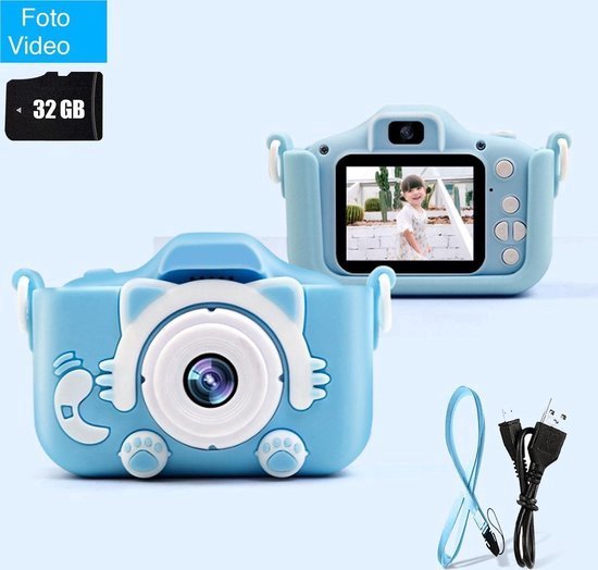 Digitale Kindercamera - HD 1080p - Blauw - 2022 camera - Kinder Camera Digitaal - Wegwerpcamera - Vlogcamera - Fototoestel Voor Kinderen - Inclusief 32GB SD Kaart - Tiktok - Sinterklaas