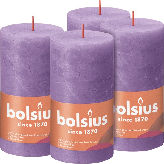 4 bougies pilier rustique Bolsius violet 130/ 68 (60 heures) Eco Shine Vibrant Violet