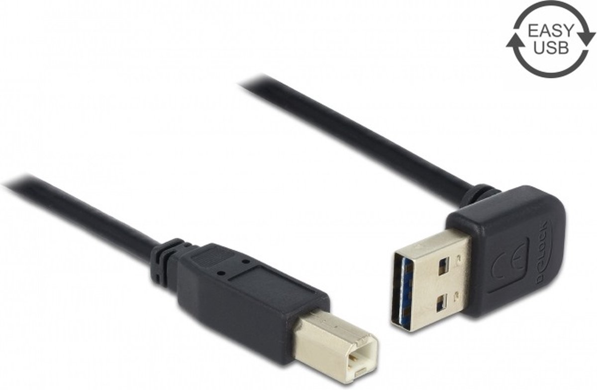 Easy-USB-A haaks (boven/beneden) naar USB-B kabel - USB2.0 - tot 2A / zwart - 5 meter