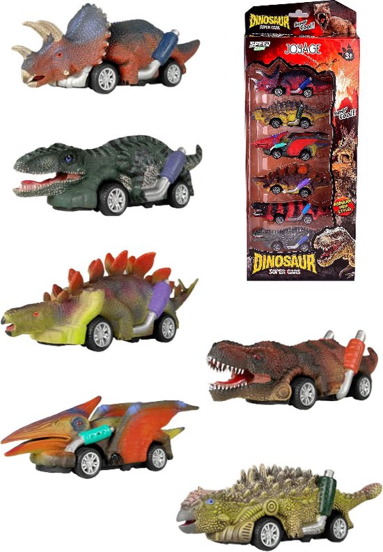 Dinosaurus auto speelgoed jongens - 6 stuks – Zelfrijdend - Jurassic Speelgoed autos jongens - Dinosaurussen speelfiguren - Dino speelgoed auto – Dinosaurussen speelgoed auto 2 jaar - Auto speelgoed jongens 2 jaar - Auto speelgoed jongens 3 jaar