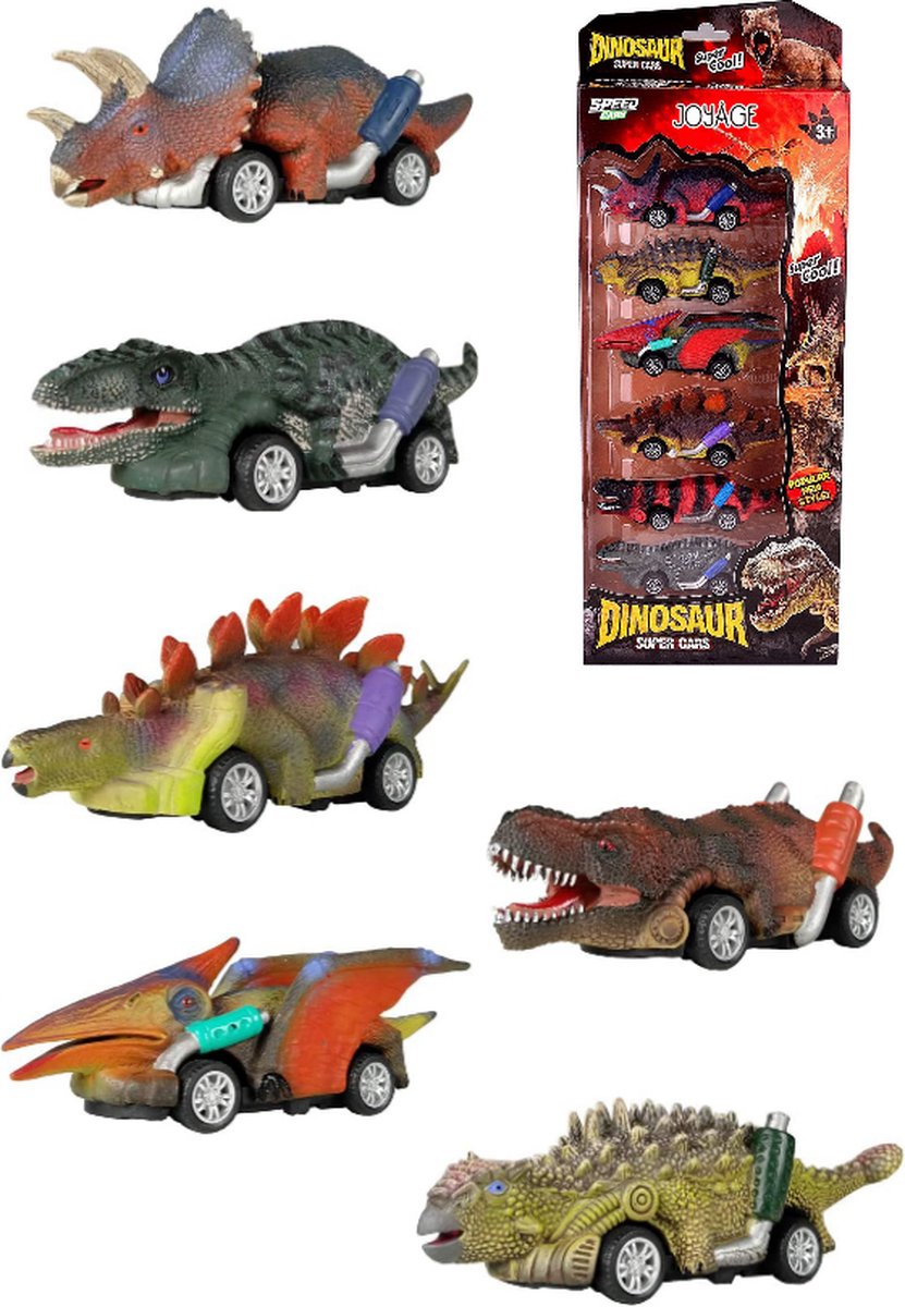 Dinosaurus auto speelgoed jongens - 6 stuks – Zelfrijdend - Jurassic Speelgoed autos jongens - Dinosaurussen speelfiguren - Dino speelgoed auto – Dinosaurussen speelgoed auto 2 jaar - Auto speelgoed jongens 2 jaar - Auto speelgoed jongens 3 jaar - Joyage