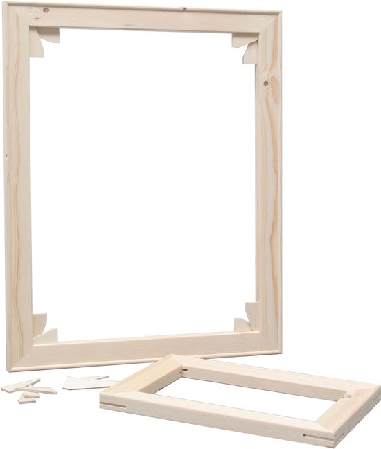 Houten spanraam voor schildersdoek, bestaande uit vier latten en extra wiggen.