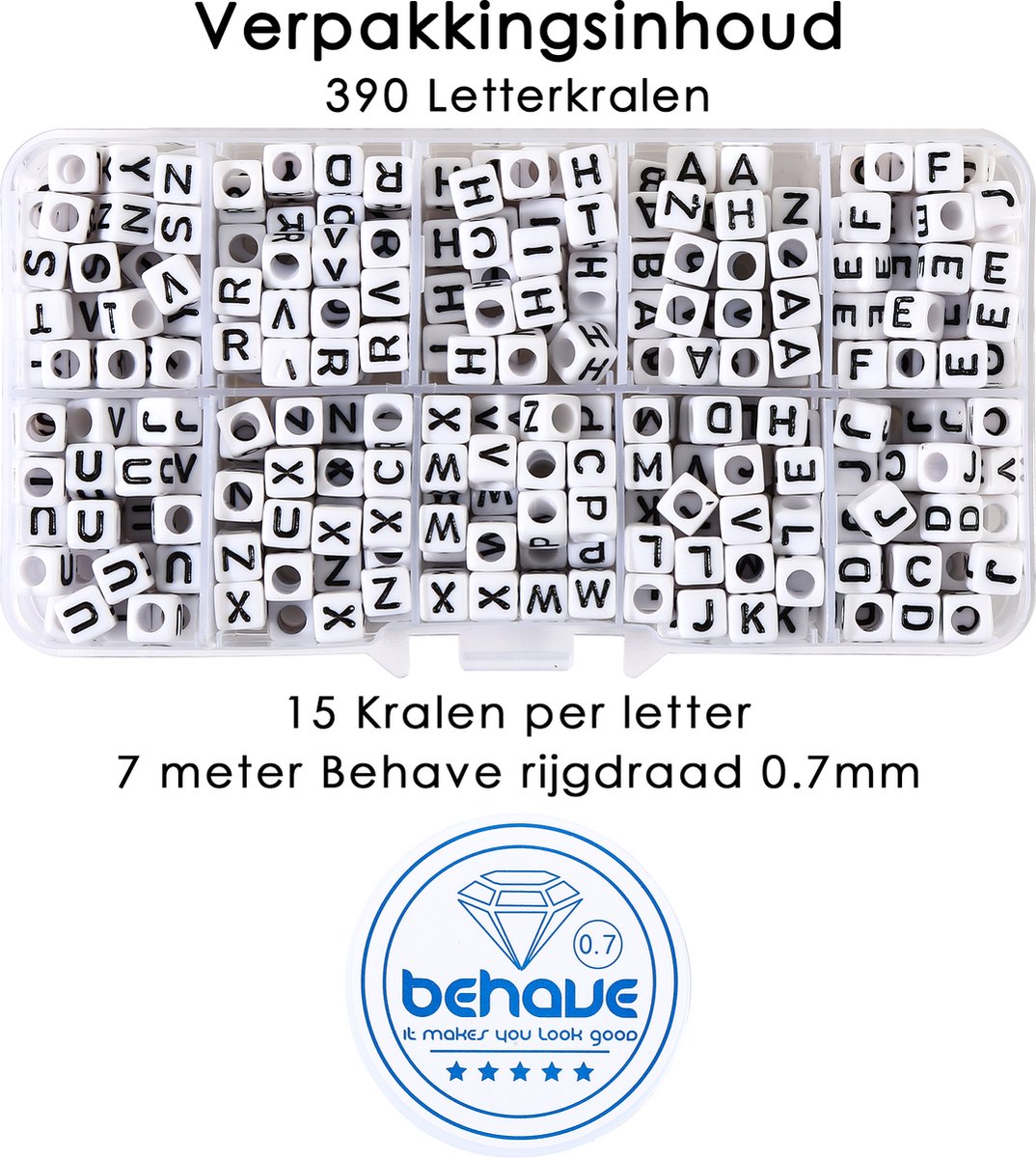 Behave Vierkante Letterkralen Set - Wit met Zwarte Letters - Acryl - Kralen - Alfabet Kralen - 6mm - 390 Stuks — afbeelding 7