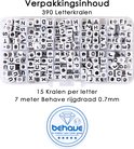 Inhoud van de verpakking: 390 letterkralen, 15 per letter, en 7 meter rijgdraad.