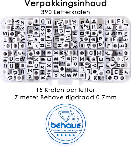 Inhoud van de verpakking: 390 letterkralen, 15 per letter, en 7 meter rijgdraad.