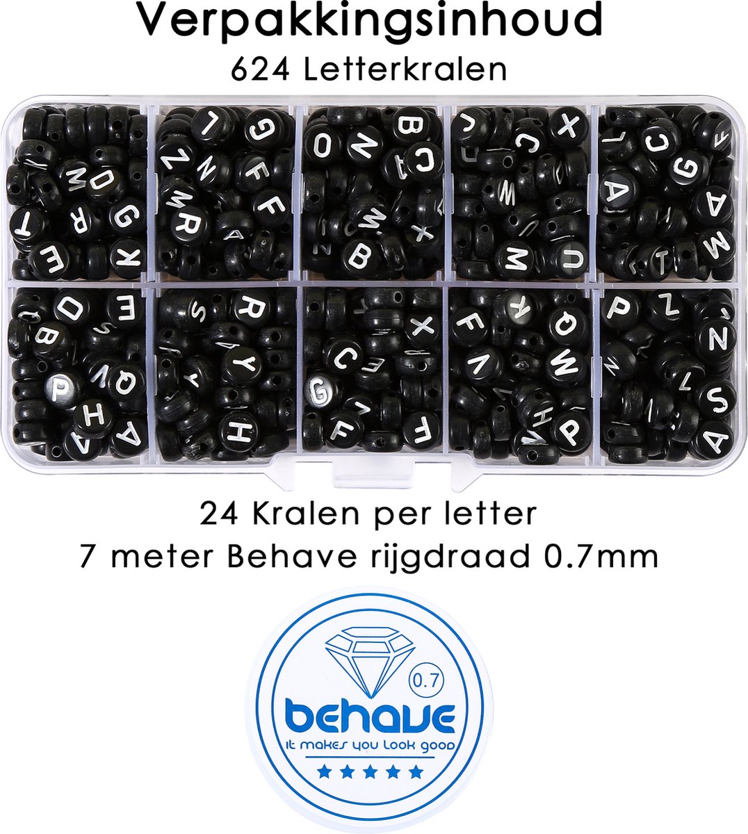 Behave Letterkralen Set - Zwart met Witte Letters - Acryl - Kralen - Alfabet Kralen - Bedels - 7mm - 624 Stuks — afbeelding 7
