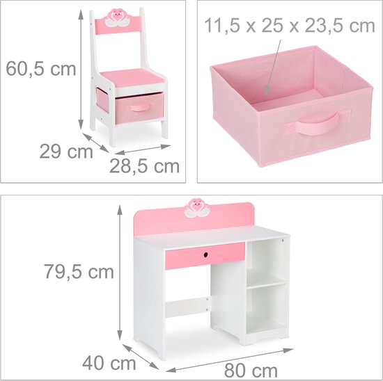 kinderbureau en stoel - lade - met opbergruimte - zwaan - kindertafel - roze-wit