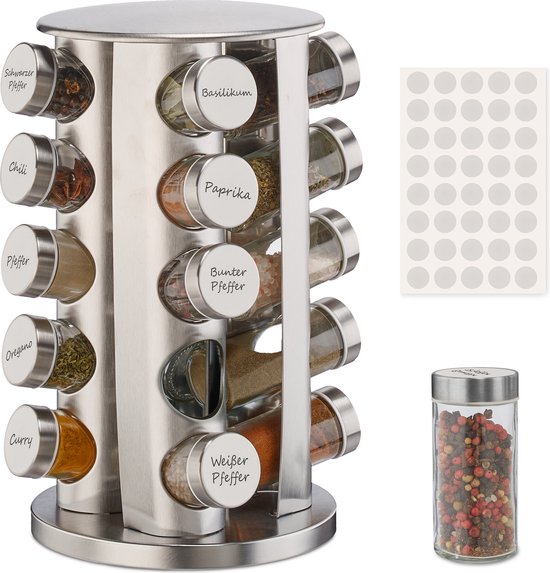 Support à épices rotatif Relaxdays - 20 pots - carrousel à épices en acier inoxydable - porte-épices rond