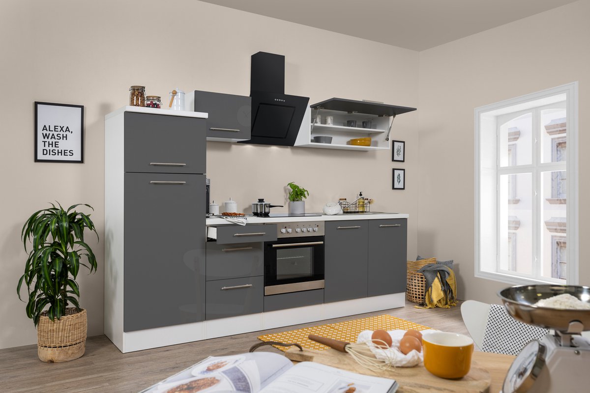 Goedkope keuken 270 cm - complete keuken met apparatuur Amanda - Wit/Grijs - soft close - keramische kookplaat - afzuigkap - spoelbak