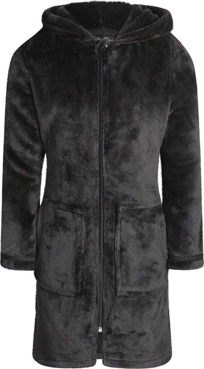 Charlie Choe badjas kind - kinderbadjas met rits & capuchon - zwart/donkergrijs - fleece - 116/128