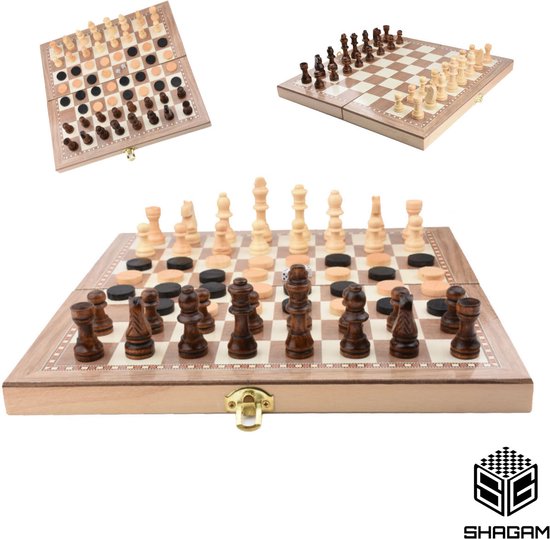 Afbeelding van het spel 3-in-1 Bordspel - 29 cm - Schaakbord - Dambord - Backgammon - Schaakspel - Schaakset - Schaken - Dammen - Met Schaakstukken - Chess - Hout - Opklapbaar