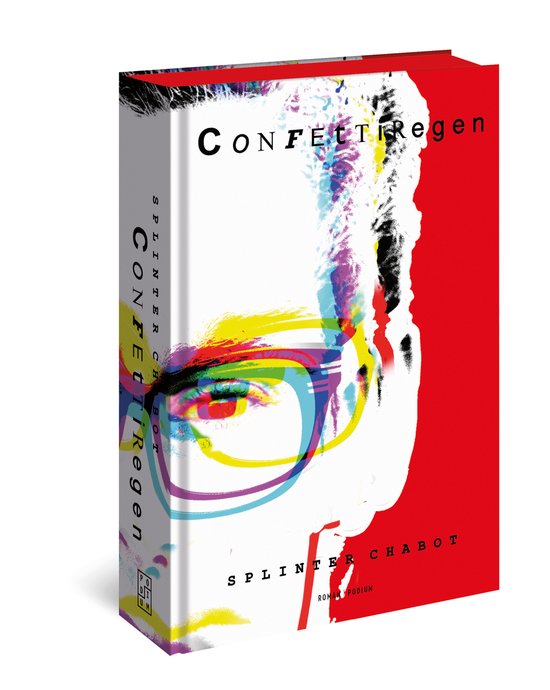 Boek 'CONFETTI Regen' in 3D, met kleurrijke gezichtsafbeelding op de kaft en rug. 'SPLINTER CHABOT' staat onderaan.