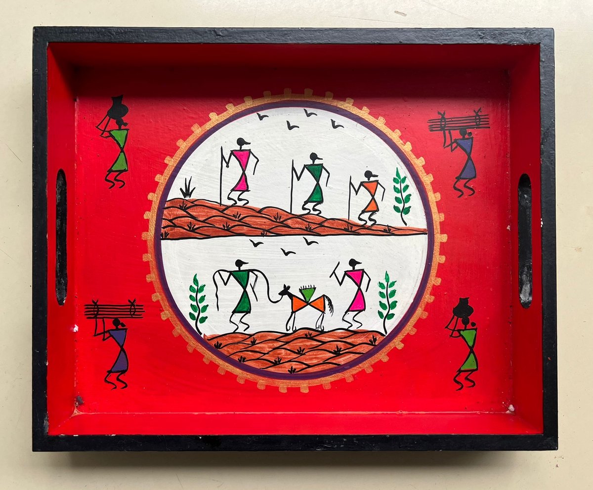 Hand Painted Warli Art Wooden Tray - Red