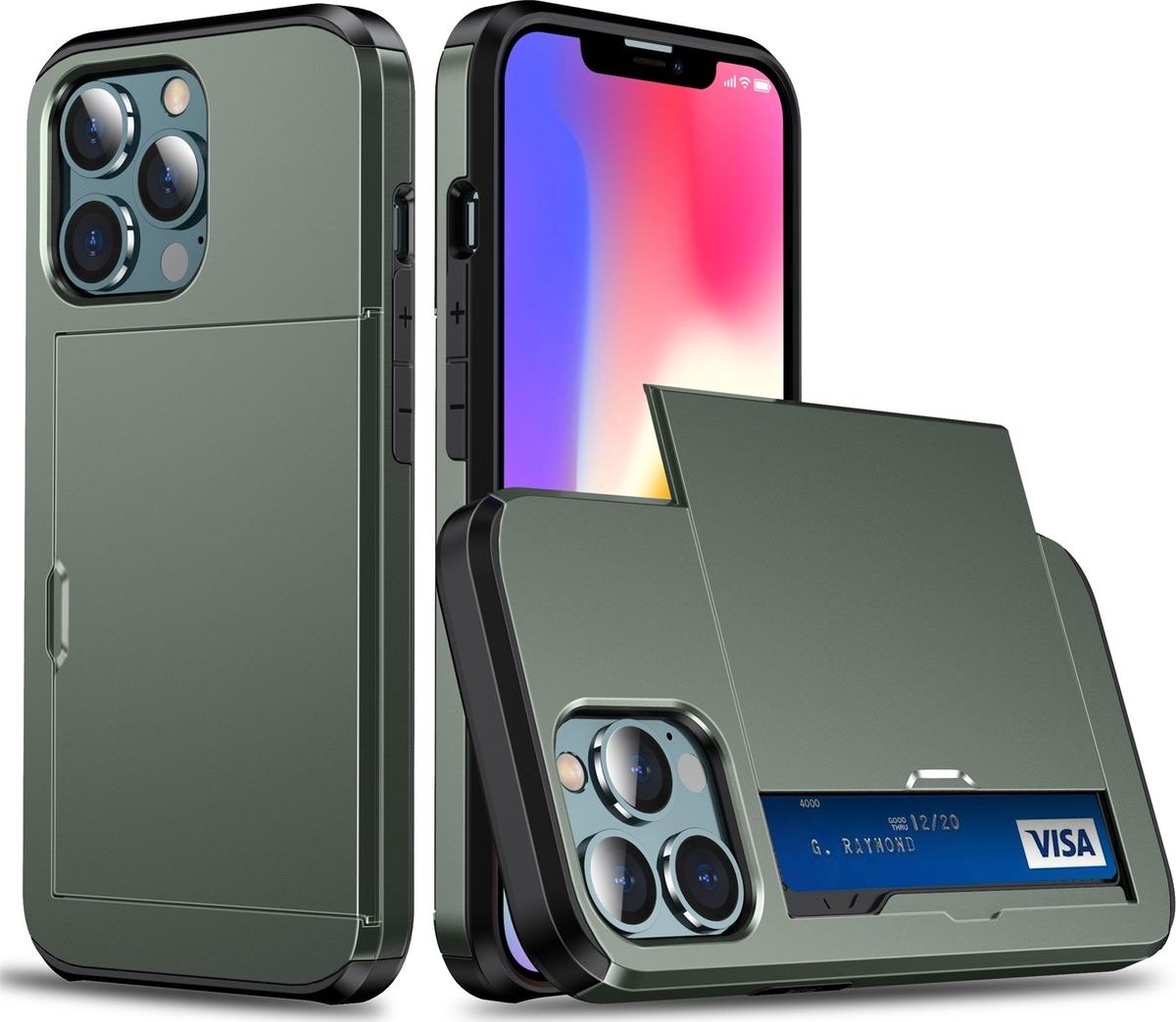 Mobigear Card - Telefoonhoesje geschikt voor Apple iPhone 14 Pro Shockproof Hardcase Hoesje + Kaarthouder - Army